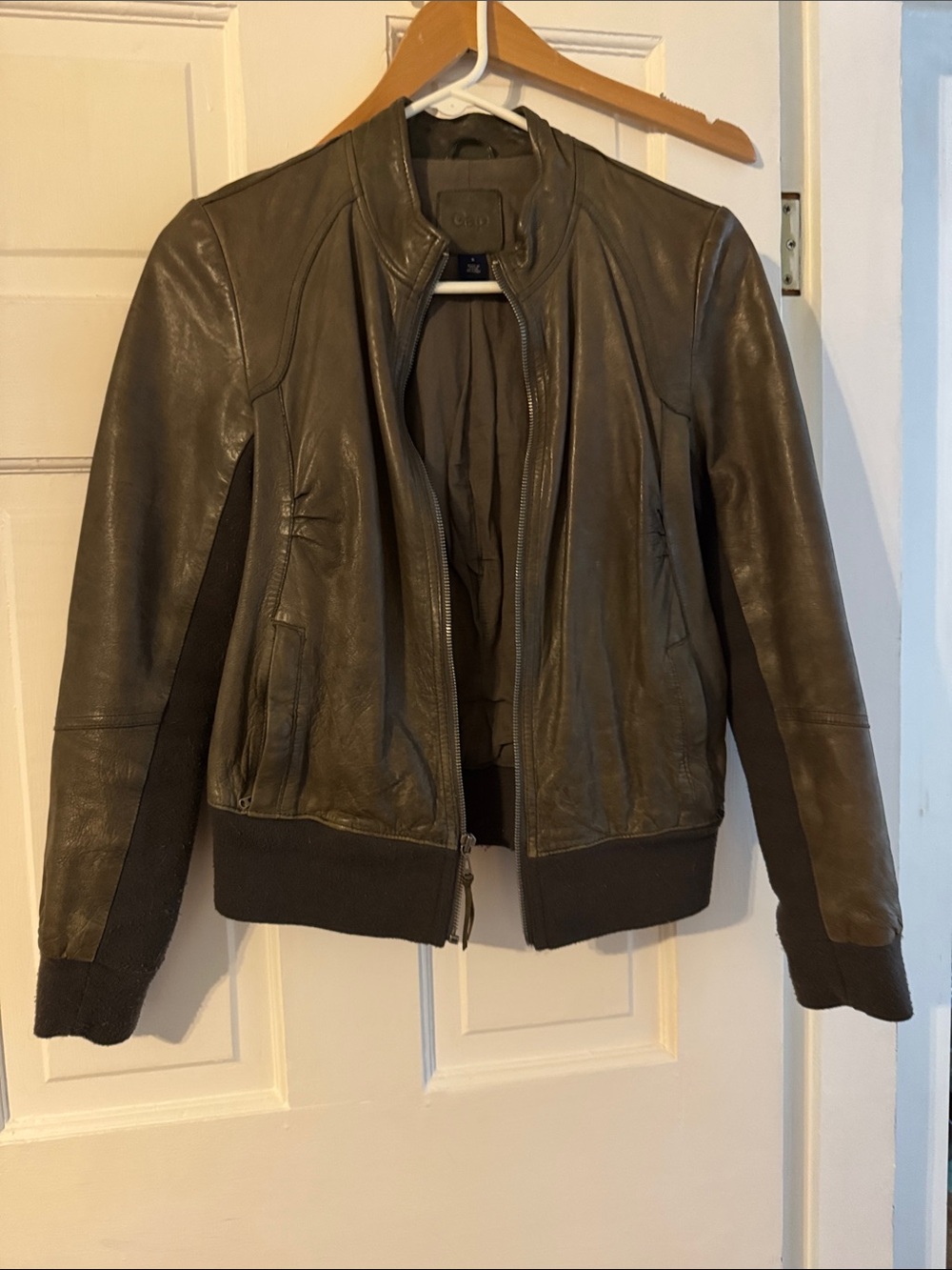 GAP Leather Bomber Jacket with Dark Knit Trim